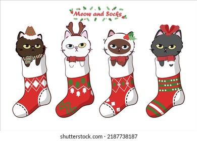 Collection of cute cats in Christmas socks. Draw illustration cat in Christmas Sock for Christmas day and New year. Vector illustration, flat style. Cartoon New Year