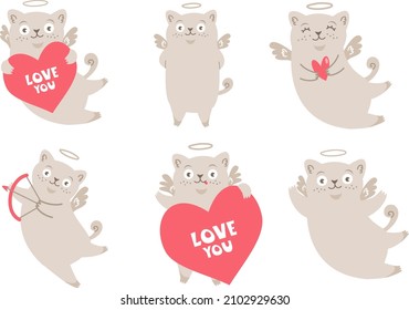 Collection of cute cats cupids. Collection of cute angels for valentine's day. Baby vector illustration.