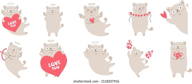 Collection of cute cats cupids. Collection of cute angels for valentine's day. Baby vector illustration.