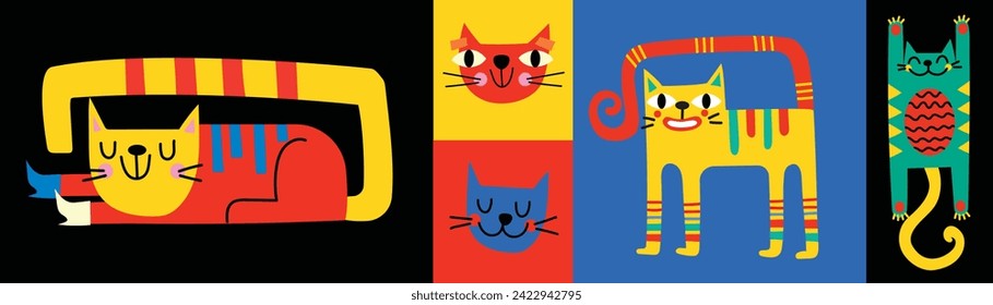 Collection with cute cats, decorative abstract illustrations with colorful doodles, geometric shapes. Hand-drawn modern illustration with cats, abstract elements