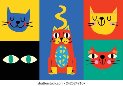 Collection with cute cats, decorative abstract illustrations with colorful doodles, geometric shapes. Hand drawn modern illustration with cats, abstract elements