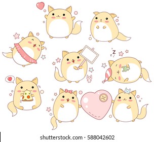 Collection of cute cats with different emotions in kawaii style