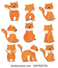 Collection of Cute cats in different poses. Domestic, funny cats on white background. Red cats. Vector icons.