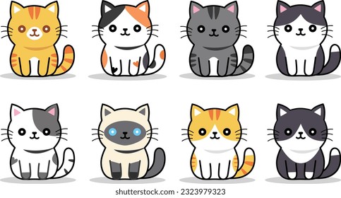 A Collection of Cute cats with various patterns and character simple, Mascots Set, Doodle,  Cartoon, Style, and Hand drawn with flat design, Cat Day, and vector illustration