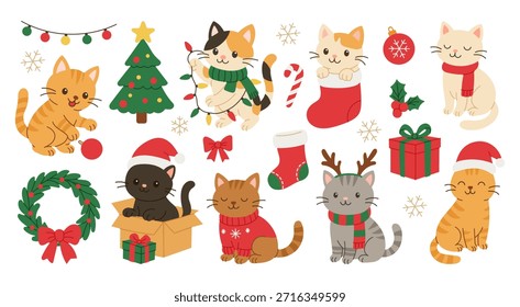 Una colección de lindos gatos en varias poses, algunos de los cuales llevan sombreros y bufandas de Santa