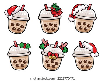 Collection Cute Character Cartoon  Bubble Milk Tea, Black Pearls is Taiwanese famous and popular. Merry Christmas and Happy New Year Celebration Concept.