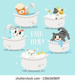 The collection of cute character cartoon cat in the bathtub. happy,sad, afraid,relax with bathtime.Healthcare for cat.illustation of cat for graphic, banner,content,etc.