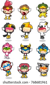 A collection of cute character illustration with various bird costumes