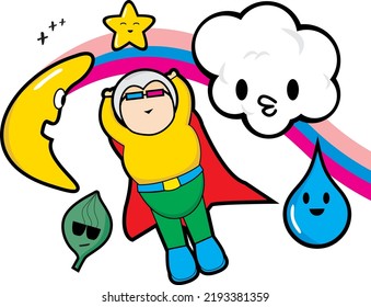 collection of cute character illustrations, moon, water, heroes, rainbows and clouds. Fun and Simple design 