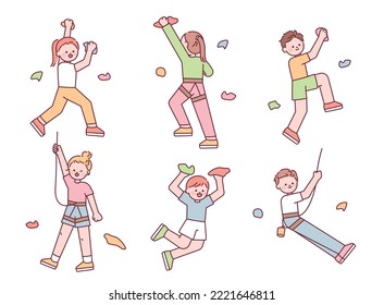 Collection of cute characters doing indoor rock climbing. flat vector illustration.