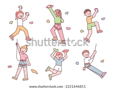 Collection of cute characters doing indoor rock climbing. flat vector illustration.