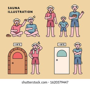 A collection of cute characters enjoying a Korean sauna. flat design style minimal vector illustration.