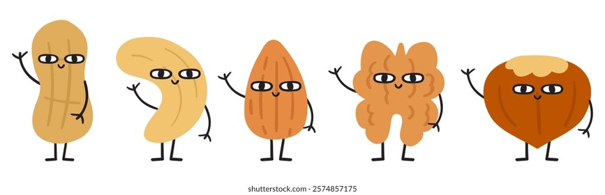 Collection of cute characters. Nuts. Peanut, walnut, hazelnut, almond, cashew. Flat hand drawn illustration on white background.