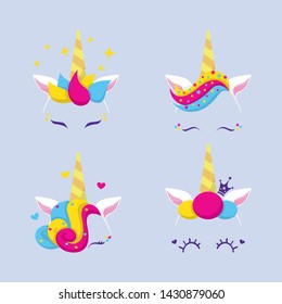 Collection cute characters unicorn faces. Funny Magical Fairytale.