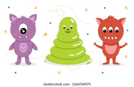 Collection of cute and charming monsters. For the design of children's toys and clothes. Vector illustration