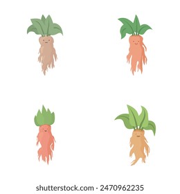 Collection of cute and cheerful cartoon mandrake root characters in a magical and enchanting botanical garden setting, perfect for children's storybooks and animation