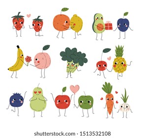 Collection of Cute Cheerful Vegetables, Fruits and Berries Characters Holding Hands, Hugging, Kissing and Giving Gifts, Best Friends, Happy Couples in Love Vector Illustration