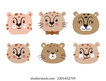 Collection of cute cheetah faces. Perfect for kids bedroom, nursery decoration, posters and wall decorations