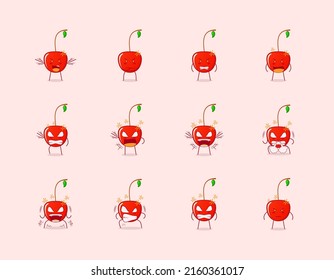 collection of cute cherry cartoon character with angry expression. suitable for emoticon, logo, symbol and mascot. such as emoticon, sticker or fruit logo