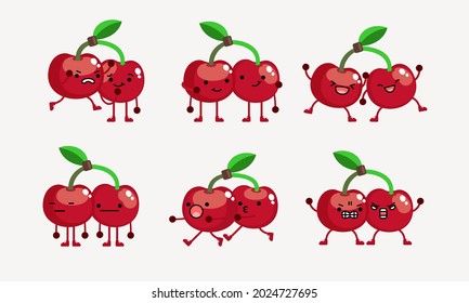 collection of cute cherry character mascot illustration with different pose and facial expression. used for icon, mascot, character and other.