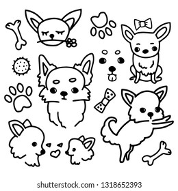 Collection of cute chihuahua with accessories, vector doodle illustration in simple style. Isolated set of cartoon sketches little sweetie dogs with toys.