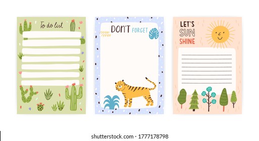 Collection of cute childish appointment notebook page vector flat illustration. Colorful to do list, reminder and blank template decorated by funny stickers with animals or plants isolated on white
