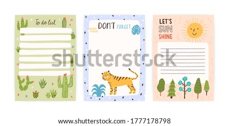 Collection of cute childish appointment notebook page vector flat illustration. Colorful to do list, reminder and blank template decorated by funny stickers with animals or plants isolated on white