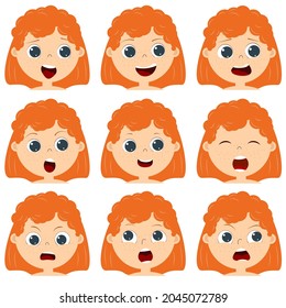 Collection of cute childish emotions. Children's set of different emotional expressions. Feeling educational poster for school and preschool. Face of a girl with red hair. Vector EPS 10