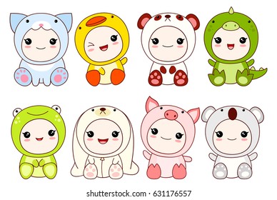 Collection of cute children in different costumes of animal - dragon, panda, rabbit, frog, duck, pig, koala, cat. In kawaii style