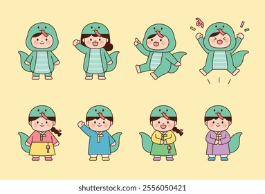 A collection of cute children wearing snake costumes and children dressed up as snakes in traditional Korean clothing.