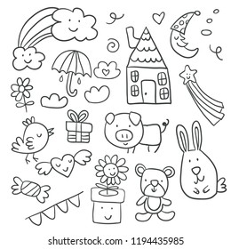 Collection of cute children's drawings of kids, animals, nature, objects.Vector illustration