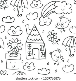 Collection of cute children's drawings of kids, animals, nature, objects as seamless pattern. Perfect for t-shirt print design and textile