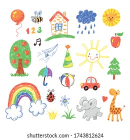 Collection of cute children's drawings of kids, animals, nature, objects