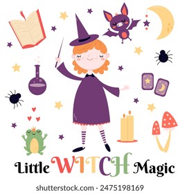 a collection of cute children's magic elements with a funny little witch