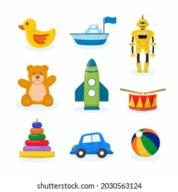 Collection of cute children's toys. Flat design illustration