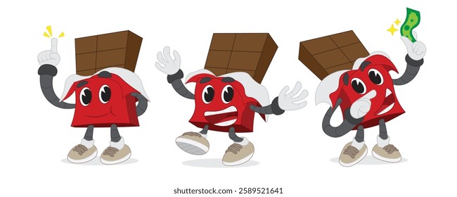 collection of cute chocolate characters, happy expressions, chocolates holding money, and some raising their index fingers, flat and simple design