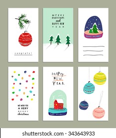 Collection of  Cute Christmas card templates. Christmas Posters set. Vector illustration. Templates for greeting scrapbooking, congratulations, invitations. Design set for winter holidays. Isolated.