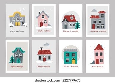 Collection of cute Christmas cards with houses. Illustration for greeting cards, Christmas invitations and t-shirts