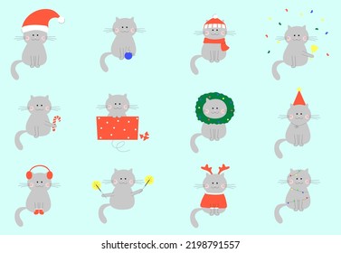 Collection of cute Christmas cats with accessories like a hats, sweaters, scarfs