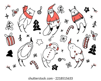 Collection of cute Christmas characters in doodle hand drawn style. Santa Claus, reindeer, snowman, penguin, polar bear and gingerbread men. Black and coral red colors. Simple set of design elements.