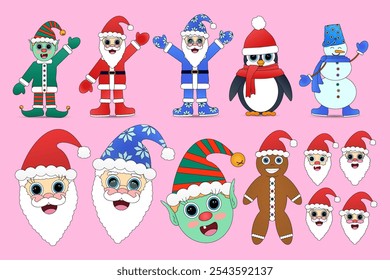 Collection of cute Christmas characters including Santa, elf, snowman, and gingerbread man. Ideal for festive holiday designs.