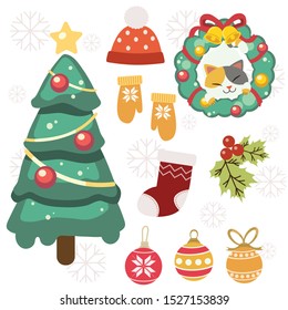 The collection of cute christmas element set in flat vector style. Graphic resource about elements of christmas.