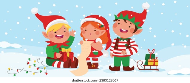 Collection of cute Christmas elf on winter background. Children in elf costumes. Happy New Year, Xmas design element. 