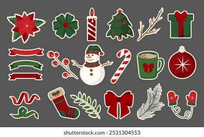 Collection of Cute Christmas Flat Stickers. Minimalistic Bright Elements for Merry Christmas and Happy New Year. Festive Xmas Icons for banners, posters, cards, web, social media.