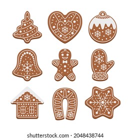 Collection of cute Christmas gingerbread cookies - gingerbread man, house, horseshoe, snowflake, mitten, heart, ball, christmas tree and bell. Winter holiday food. Isolated. Vector flat design