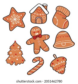 Collection of cute Christmas Gingerbread cookies hand drawn cartoon, star, sock, ginger man, house, candy, bell