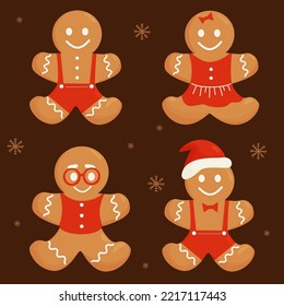 Collection cute Christmas gingerbread mans and girl, funny cookie with glasses and santa hat. Isolated vector elements for your New Years design and decor.