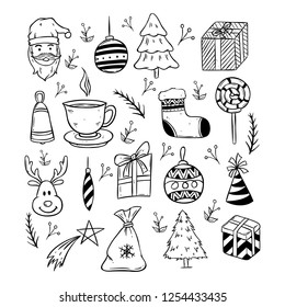 collection of cute christmas icons with black and white doodle style