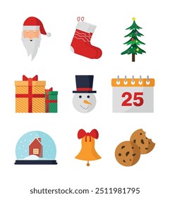 Collection of cute Christmas icons. Snowman, calendar and other items.