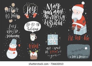 Collection of cute Christmas illustrations with cute characters and lettering. Winter icon set with holiday elements. Vector seasonal postcard design